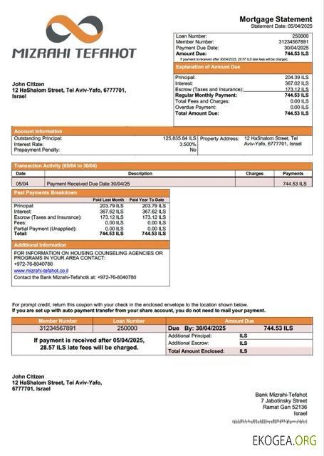 Israel Bank Mizrahi, prêt hypothécaire Tefahot Modèle Word et PDF